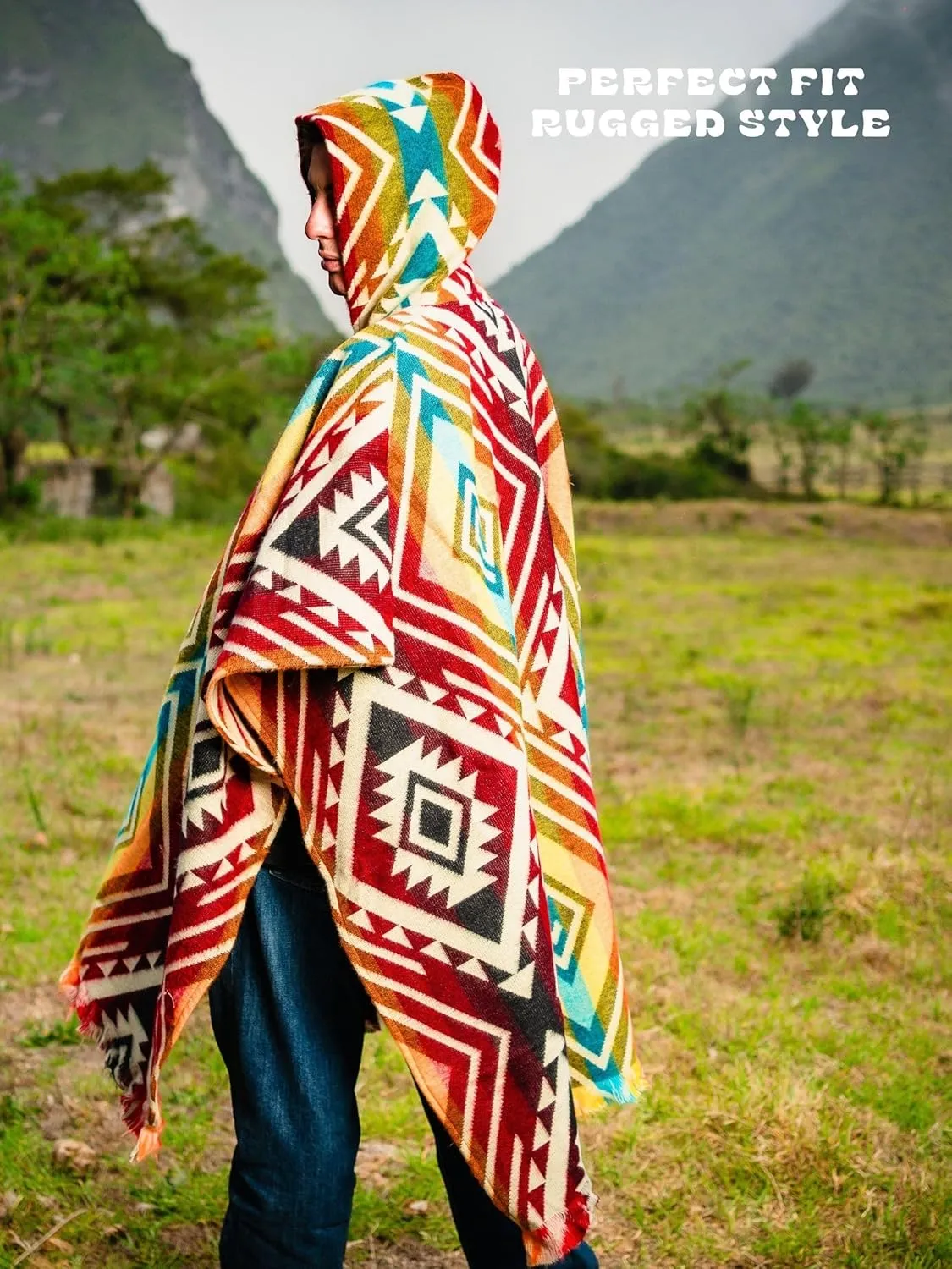 Adult Ponchos With Hood for men - Alpaca Poncho Men - Artesanal Ponchos Adult  Mens Poncho with Hood
