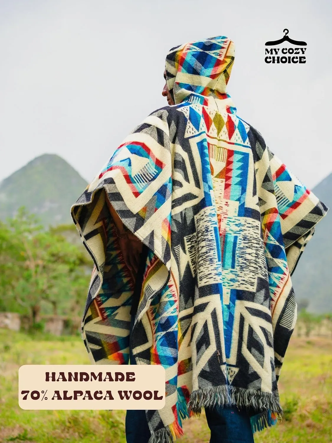 Adult Ponchos With Hood for men - Alpaca Poncho Men - Artesanal Ponchos Adult  Mens Poncho with Hood