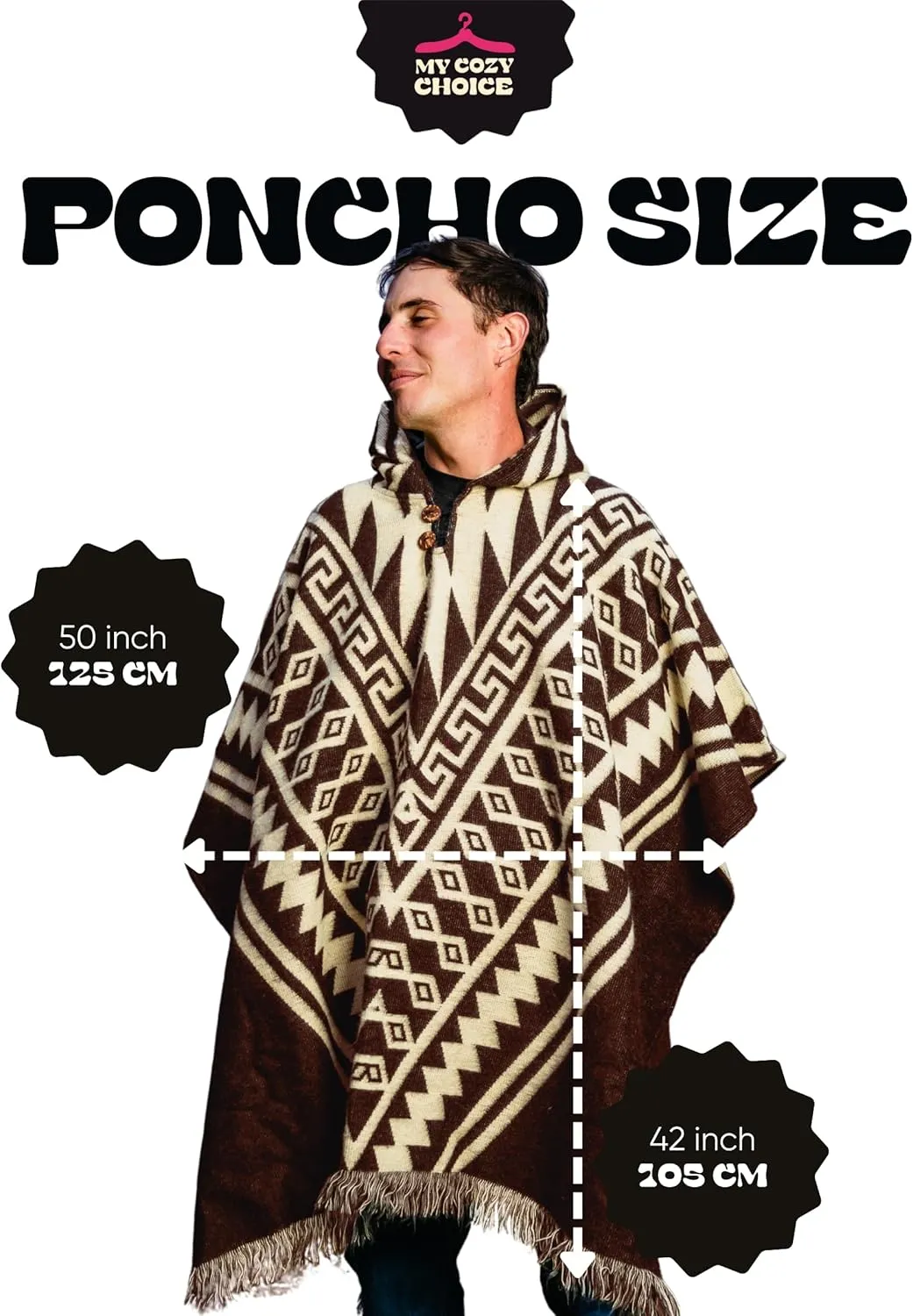 Adult Ponchos With Hood for men - Alpaca Poncho Men - Artesanal Ponchos Adult  Mens Poncho with Hood