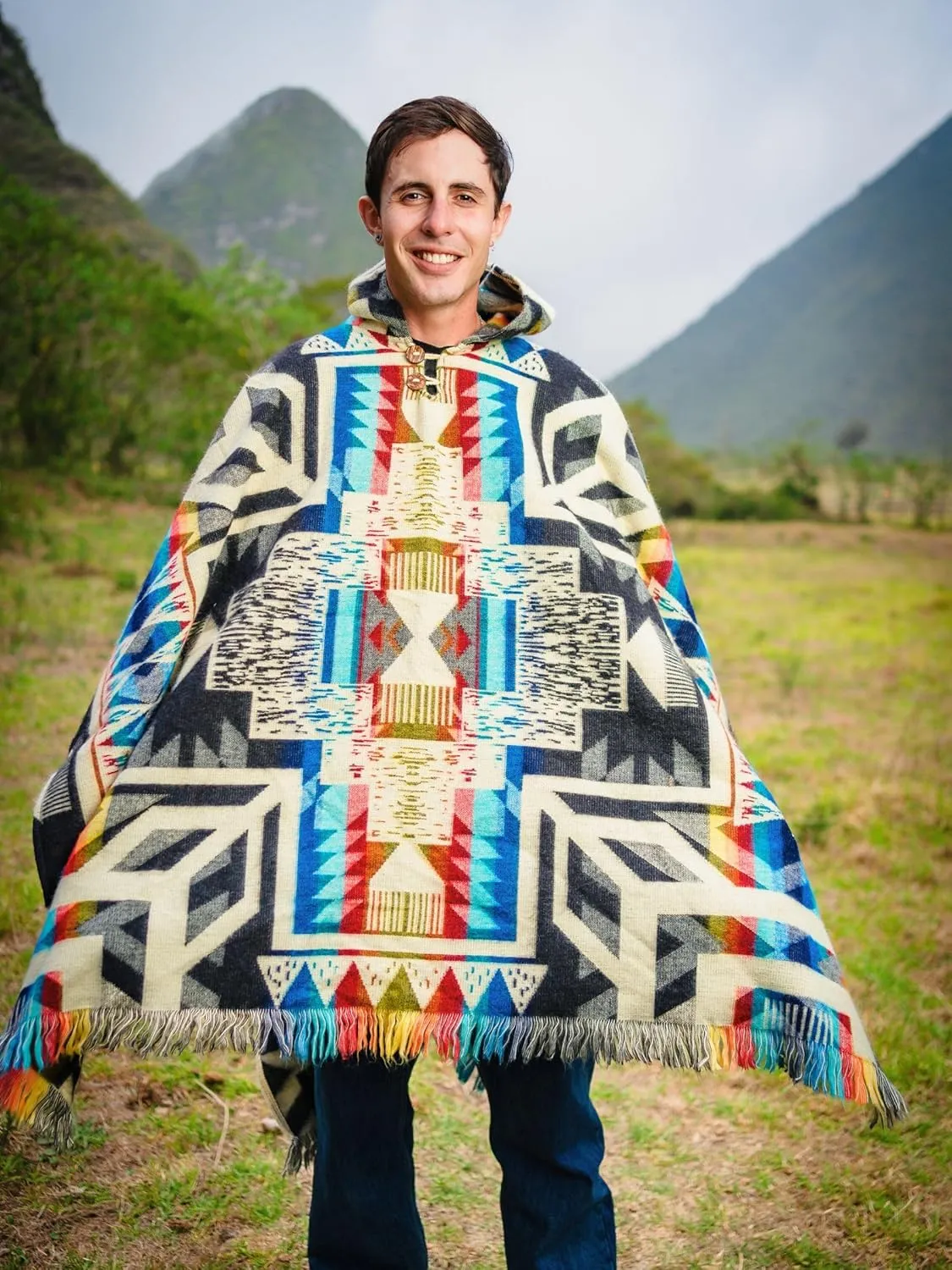 Adult Ponchos With Hood for men - Alpaca Poncho Men - Artesanal Ponchos Adult  Mens Poncho with Hood