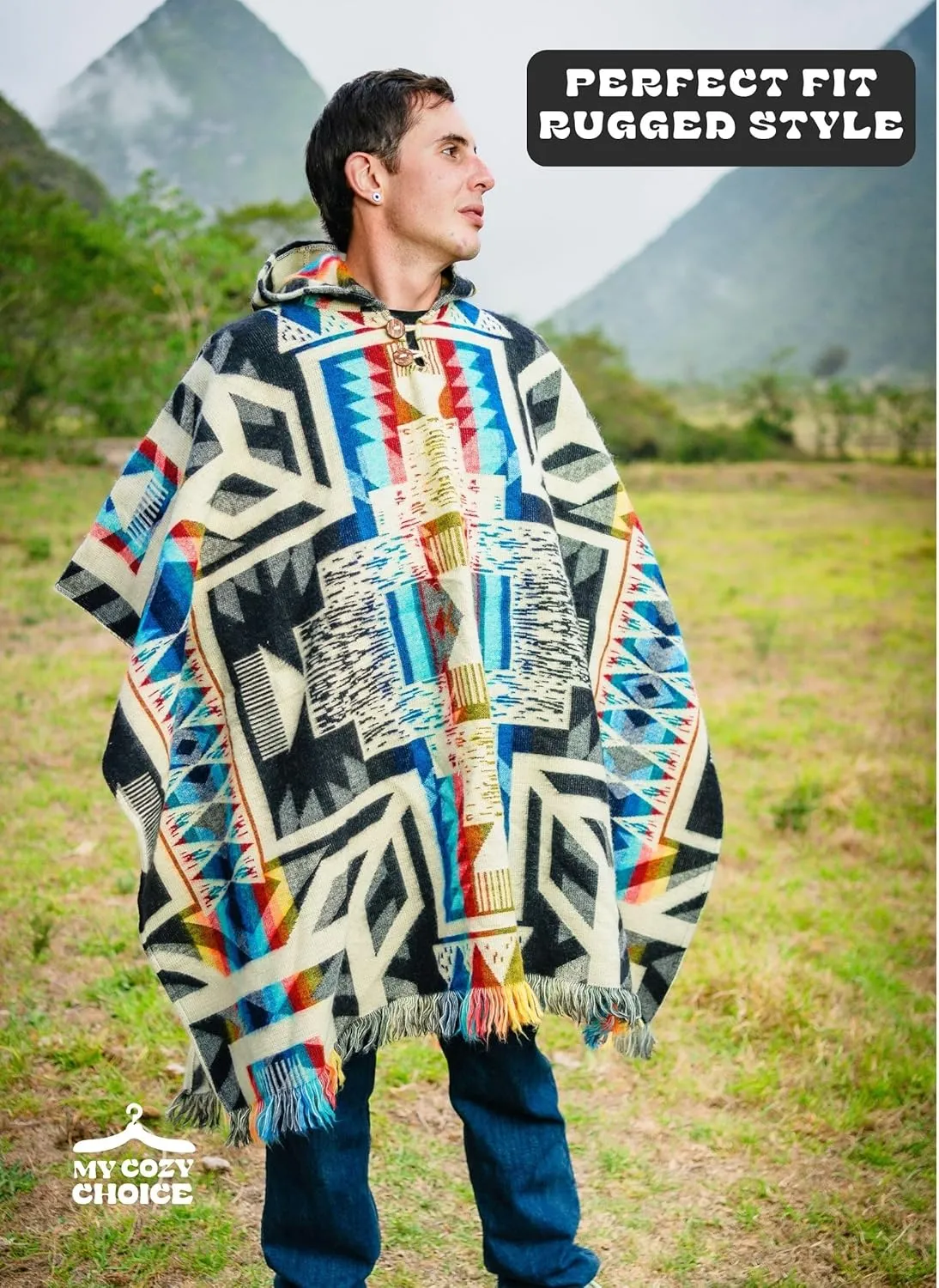 Adult Ponchos With Hood for men - Alpaca Poncho Men - Artesanal Ponchos Adult  Mens Poncho with Hood
