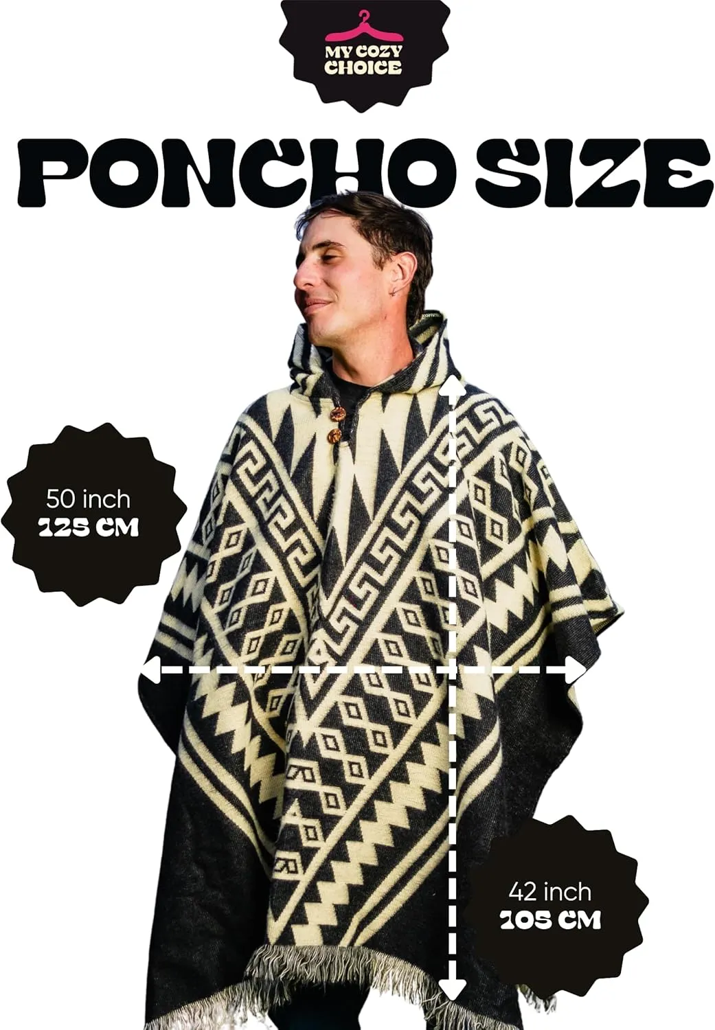 Adult Ponchos With Hood for men - Alpaca Poncho Men - Artesanal Ponchos Adult  Mens Poncho with Hood
