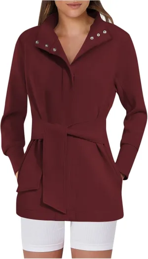 Akklian Womens Jacket Casual Long Sleeve Belted Wrap Trench Coat 2024 Fall Fashion Button Up Cropped Outerwear with Pockets