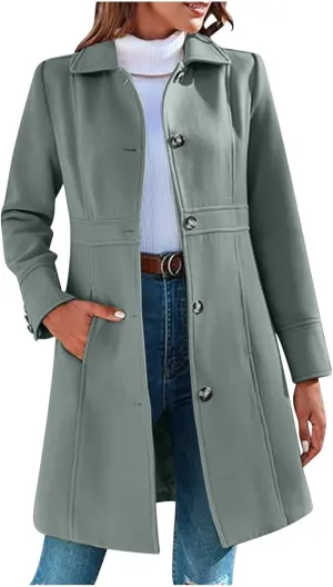 Akklian Womens Winter Woolen Outerwear Overcoat Single Breasted Mid-Thigh A-Line Pea Coat Business Office Elegant Trench Coat