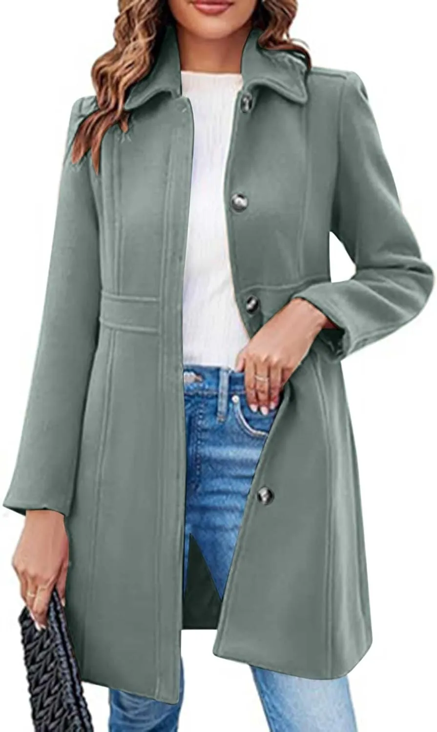 Akklian Womens Winter Woolen Outerwear Overcoat Single Breasted Mid-Thigh A-Line Pea Coat Business Office Elegant Trench Coat