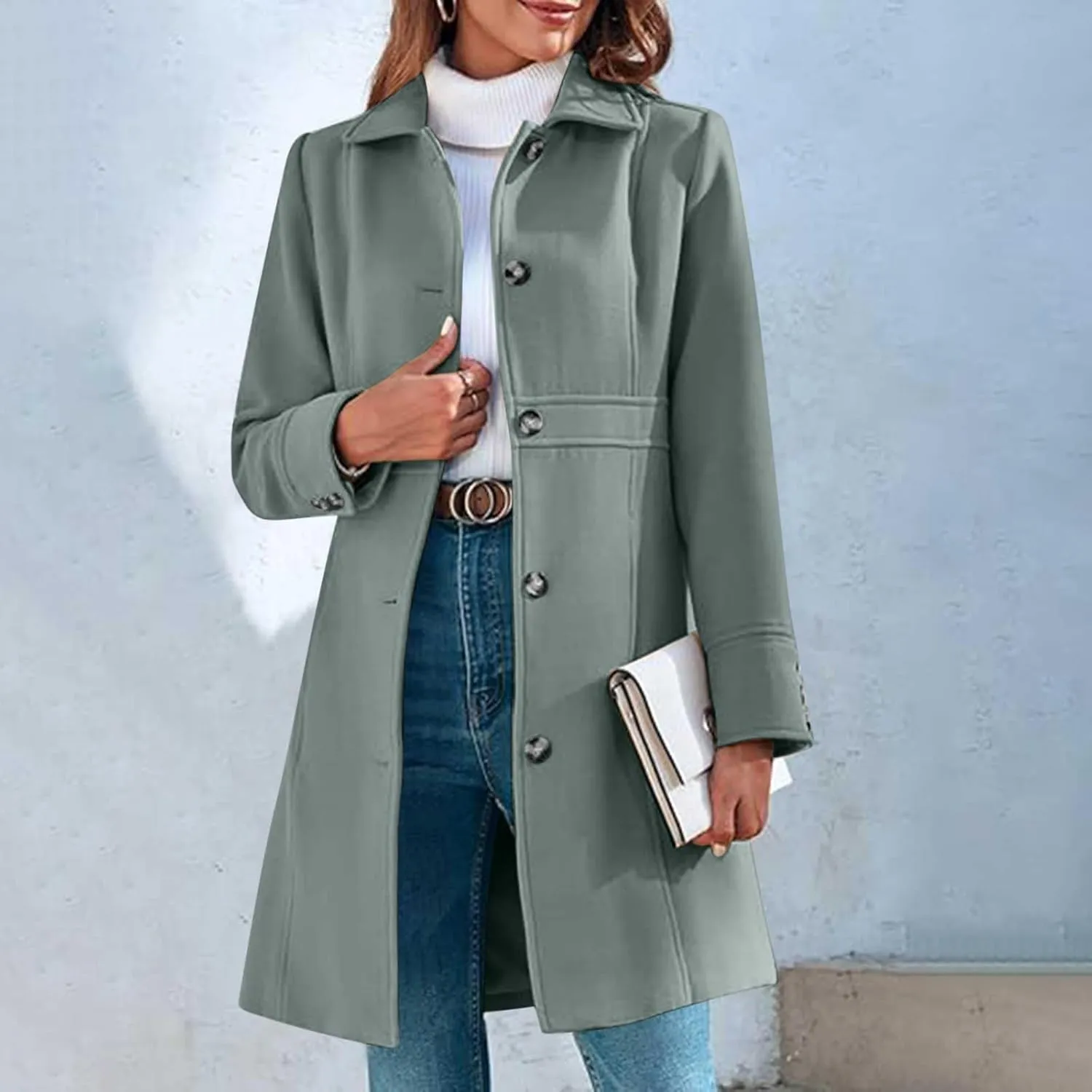 Akklian Womens Winter Woolen Outerwear Overcoat Single Breasted Mid-Thigh A-Line Pea Coat Business Office Elegant Trench Coat