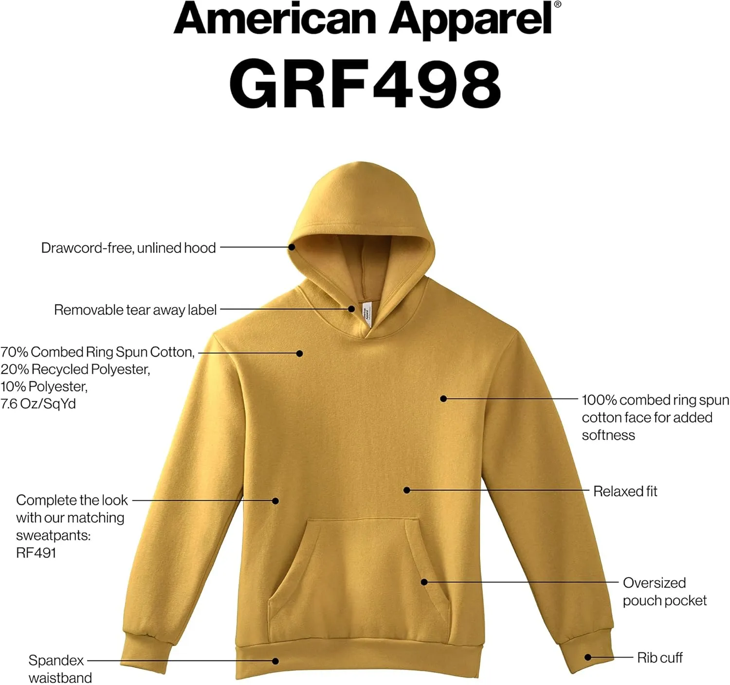 American Apparel Adult ReFlex Fleece Pullover Hoodie Sweatshirt, GRF498AA
