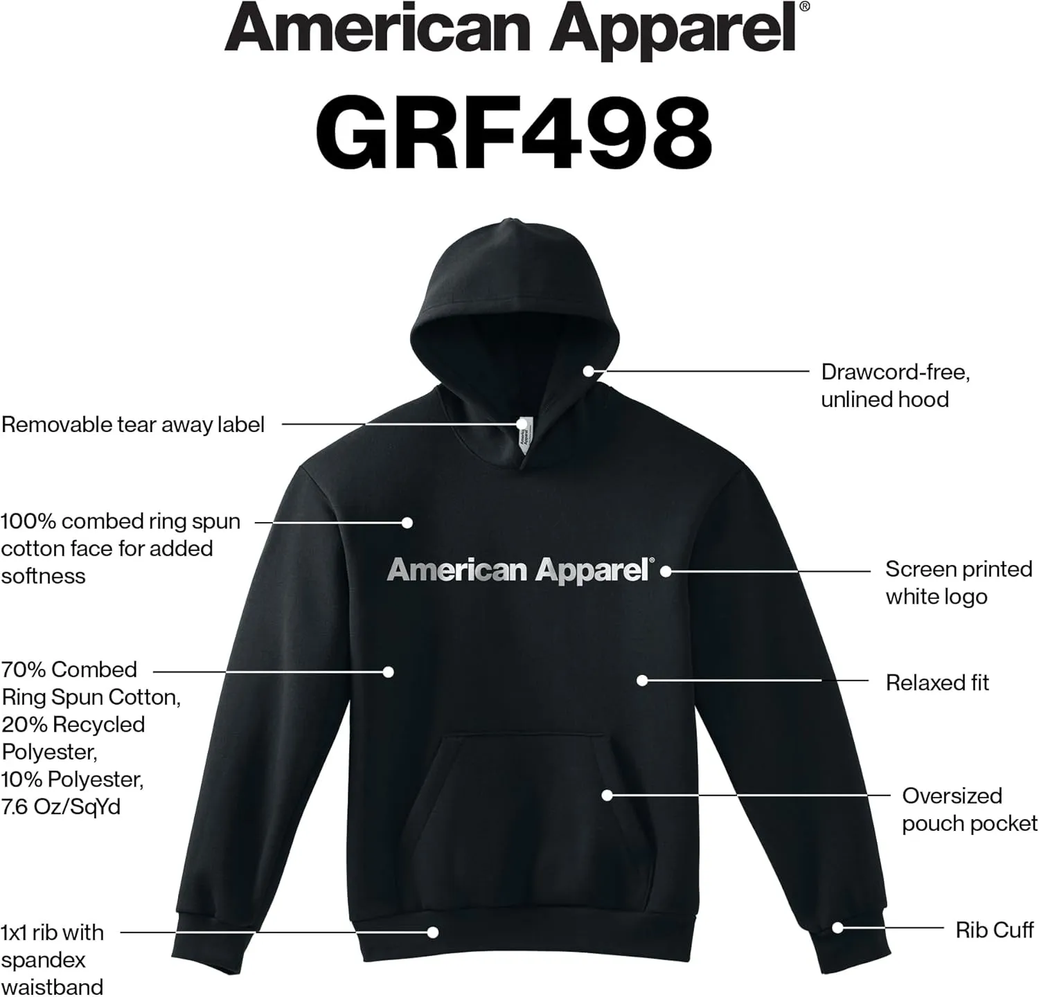 American Apparel Adult ReFlex Fleece Pullover Hoodie Sweatshirt, GRF498AA