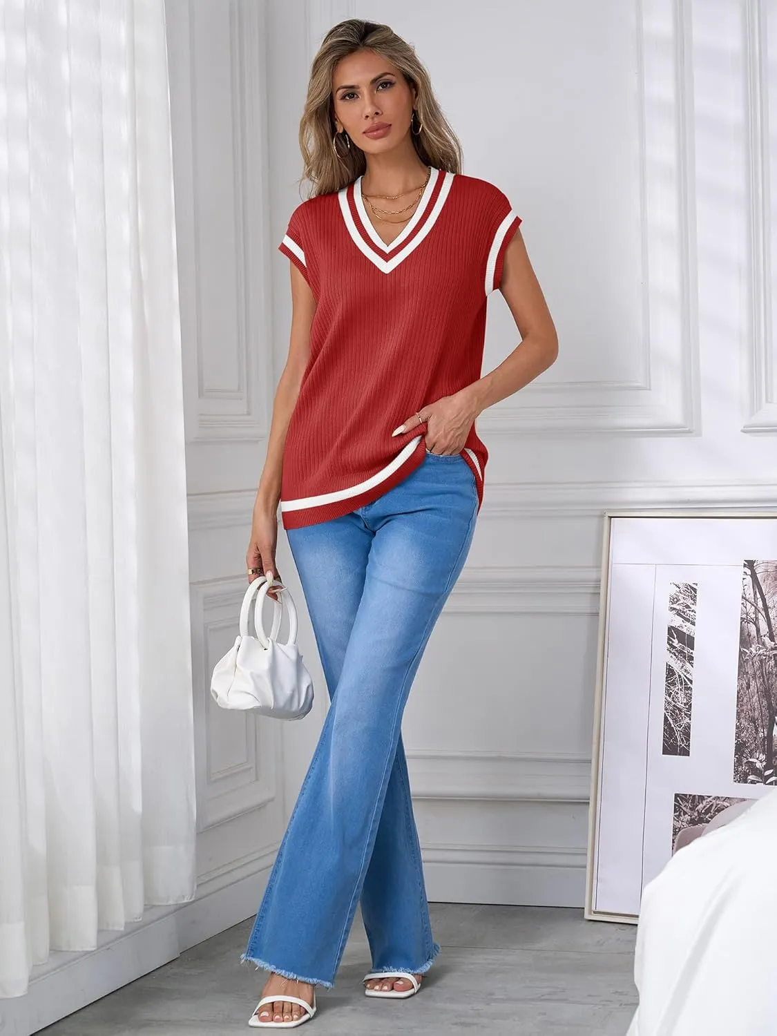 Anbech Womens V Neck Sweater Vest Ribbed Knit Sleeveless Tanks Cap Sleeve Loose Tops