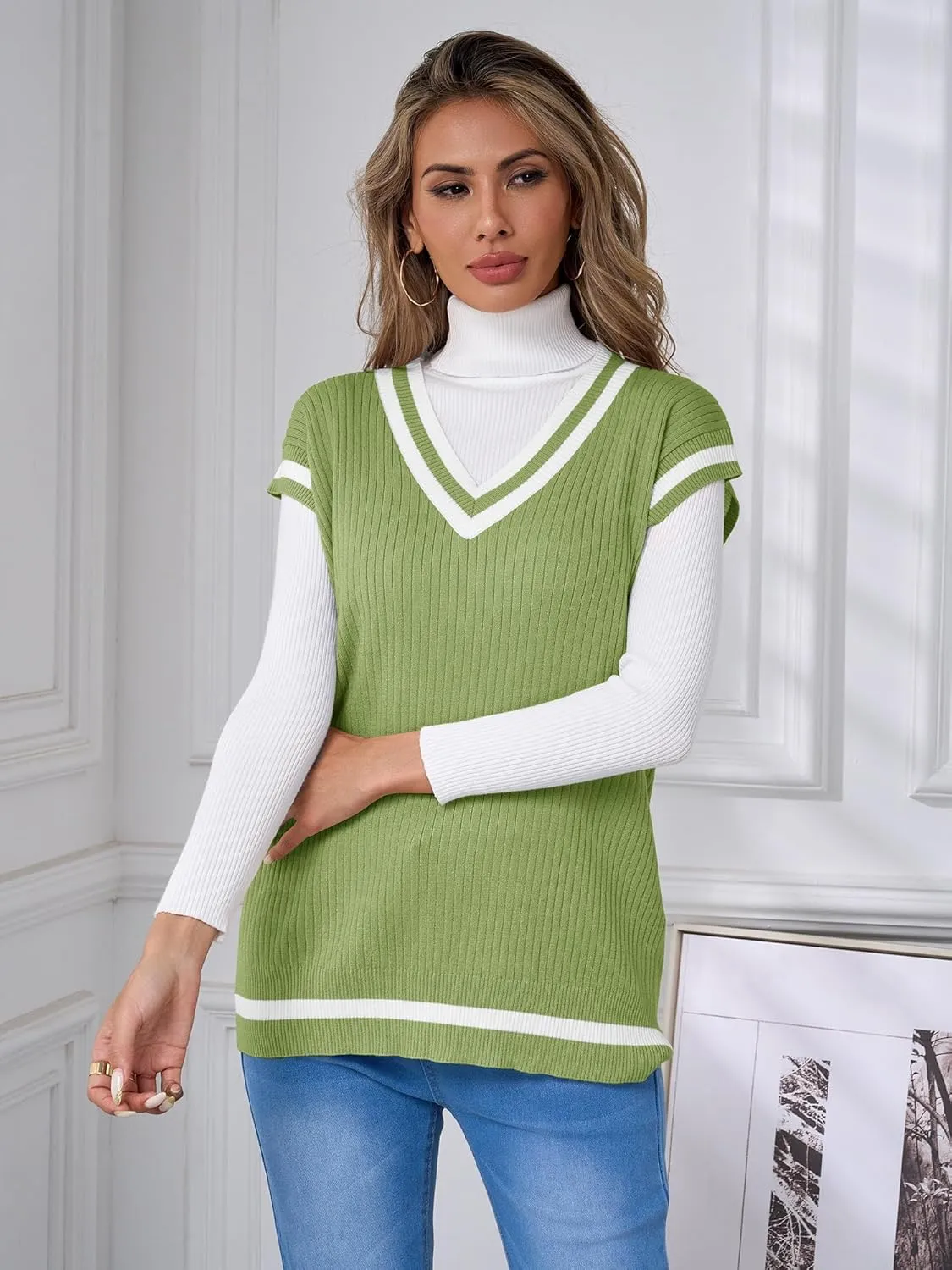 Anbech Womens V Neck Sweater Vest Ribbed Knit Sleeveless Tanks Cap Sleeve Loose Tops