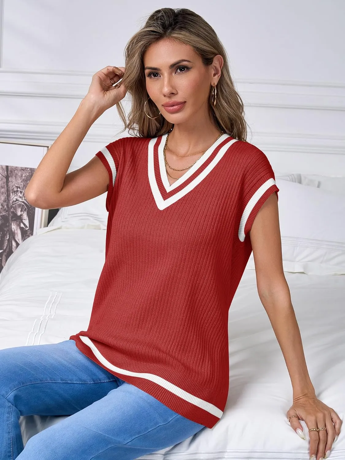 Anbech Womens V Neck Sweater Vest Ribbed Knit Sleeveless Tanks Cap Sleeve Loose Tops