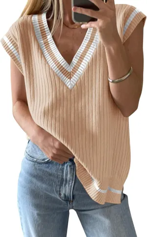 Anbech Womens V Neck Sweater Vest Ribbed Knit Sleeveless Tanks Cap Sleeve Loose Tops