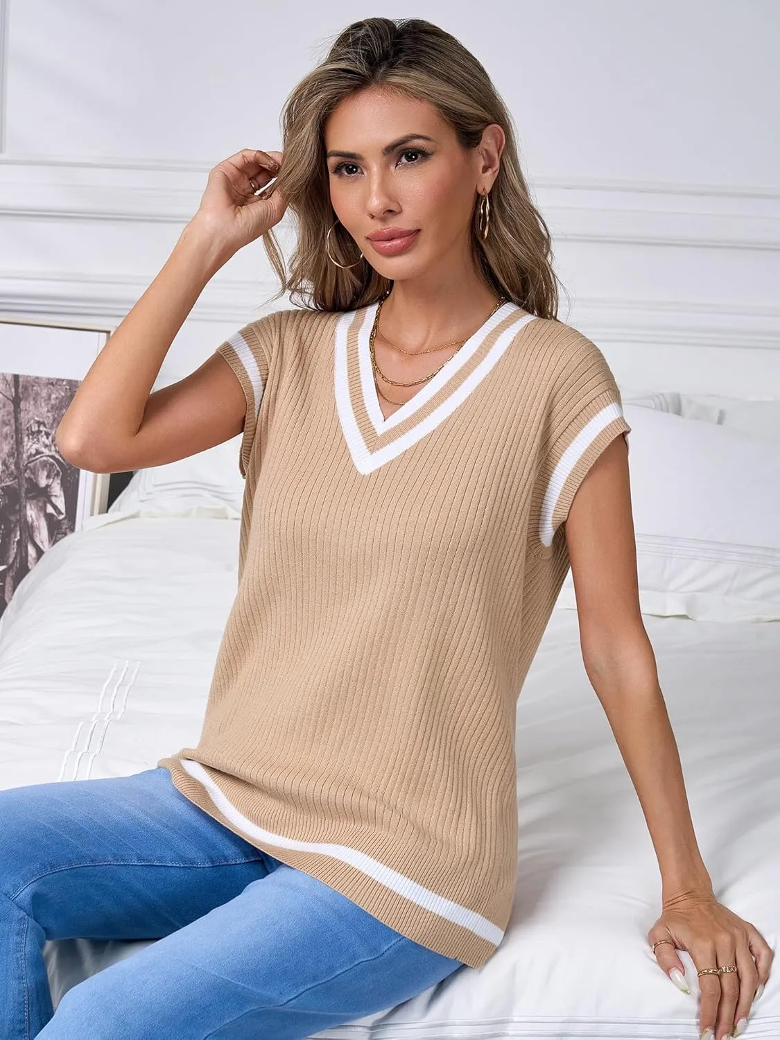 Anbech Womens V Neck Sweater Vest Ribbed Knit Sleeveless Tanks Cap Sleeve Loose Tops