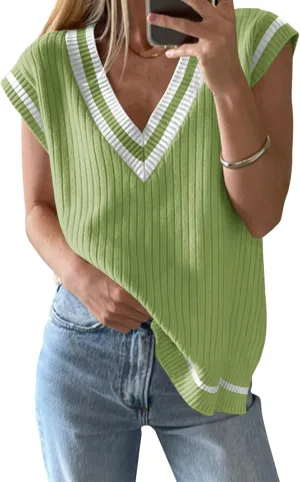 Anbech Womens V Neck Sweater Vest Ribbed Knit Sleeveless Tanks Cap Sleeve Loose Tops