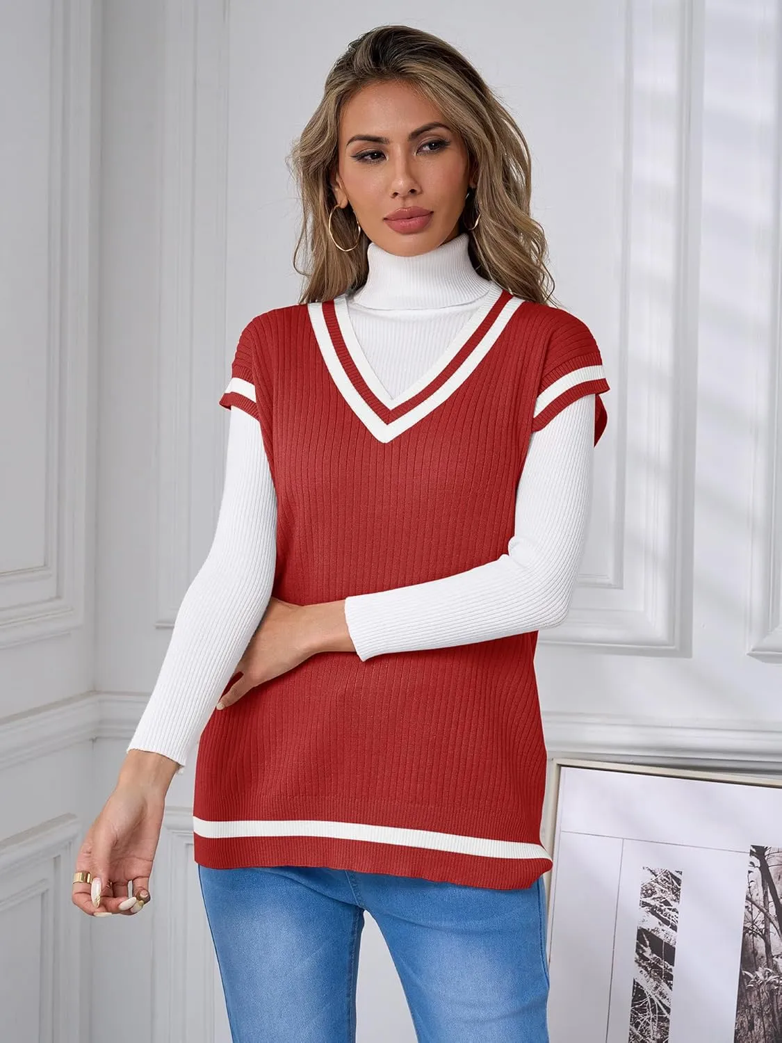 Anbech Womens V Neck Sweater Vest Ribbed Knit Sleeveless Tanks Cap Sleeve Loose Tops