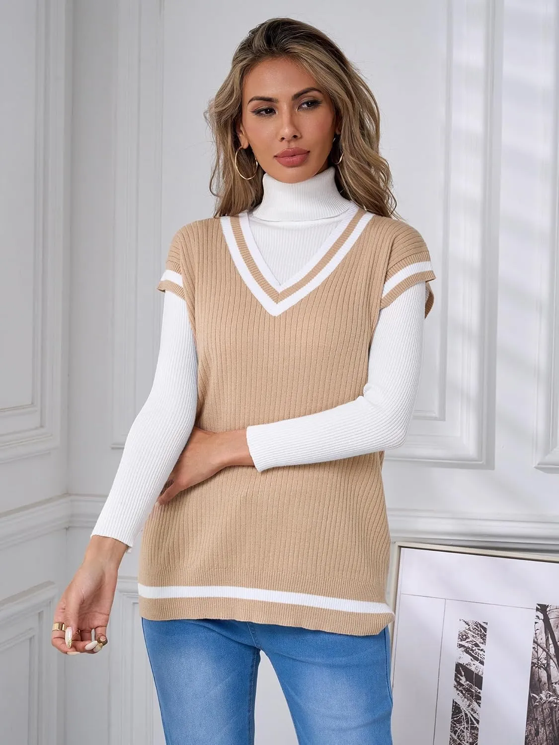 Anbech Womens V Neck Sweater Vest Ribbed Knit Sleeveless Tanks Cap Sleeve Loose Tops
