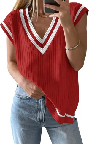 Anbech Womens V Neck Sweater Vest Ribbed Knit Sleeveless Tanks Cap Sleeve Loose Tops