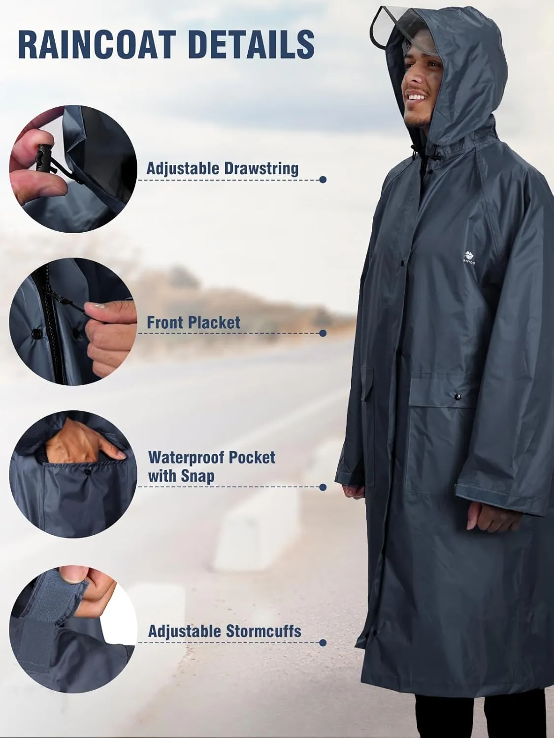 ANYOO Hood Rain Poncho Waterproof Lightweight Raincoat for Men Women Adult with Pocket for Hiking Camping Outdoor Activities
