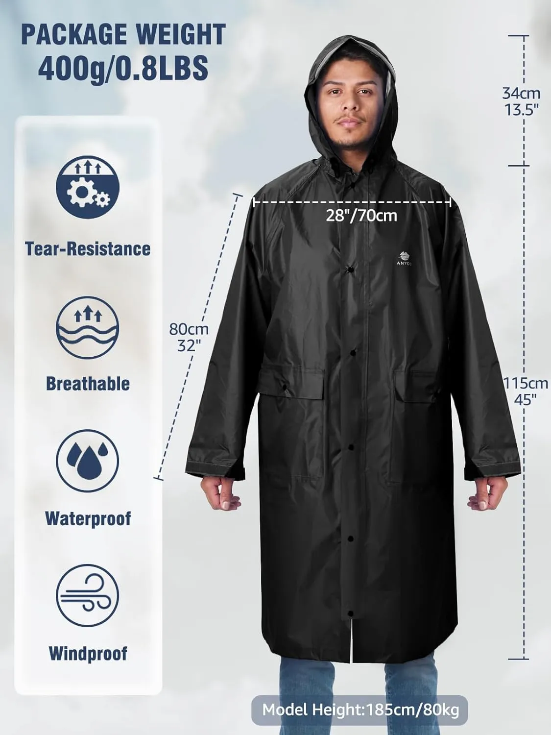ANYOO Hood Rain Poncho Waterproof Lightweight Raincoat for Men Women Adult with Pocket for Hiking Camping Outdoor Activities