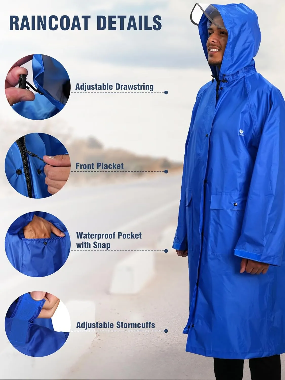 ANYOO Hood Rain Poncho Waterproof Lightweight Raincoat for Men Women Adult with Pocket for Hiking Camping Outdoor Activities