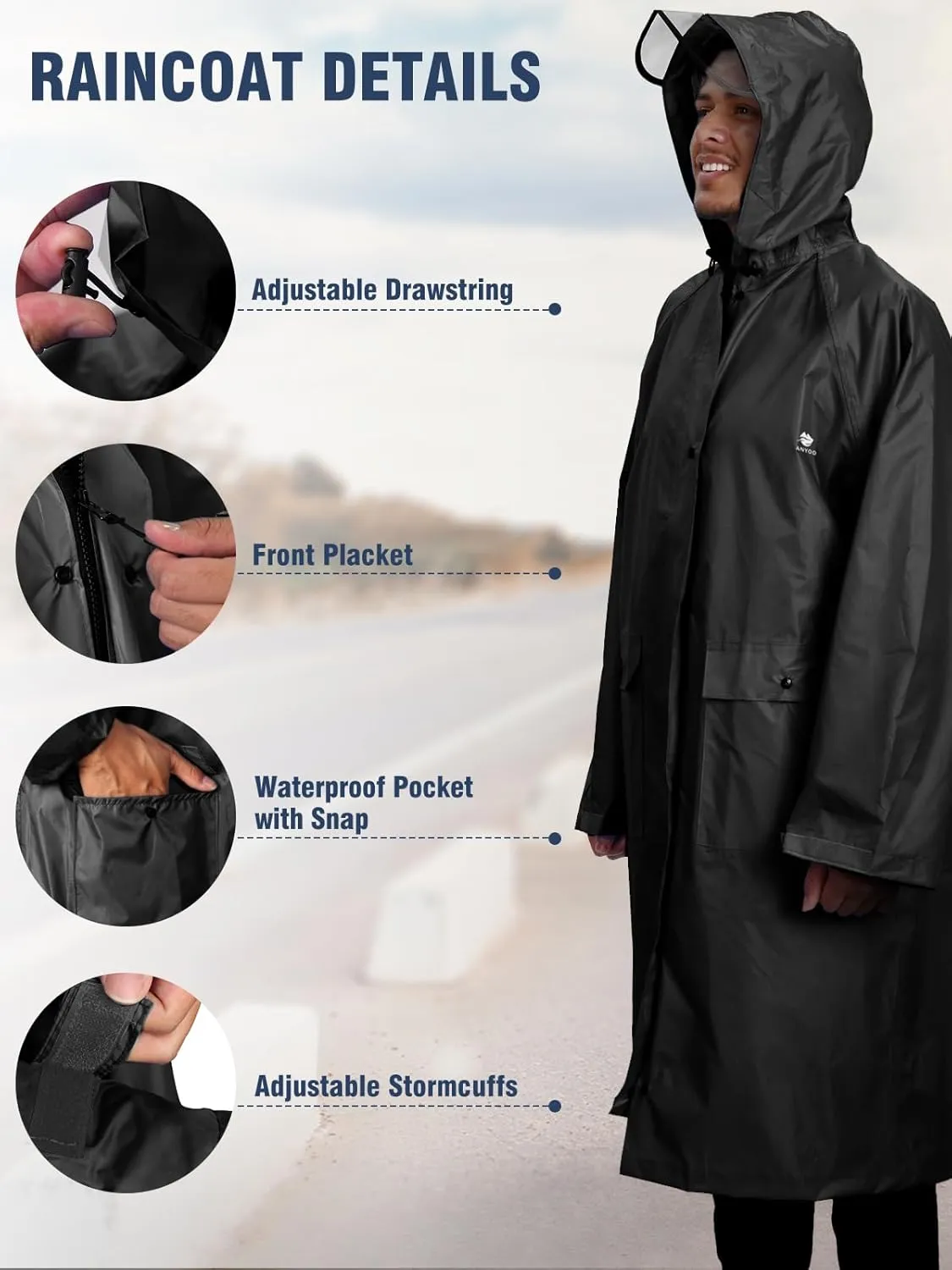 ANYOO Hood Rain Poncho Waterproof Lightweight Raincoat for Men Women Adult with Pocket for Hiking Camping Outdoor Activities
