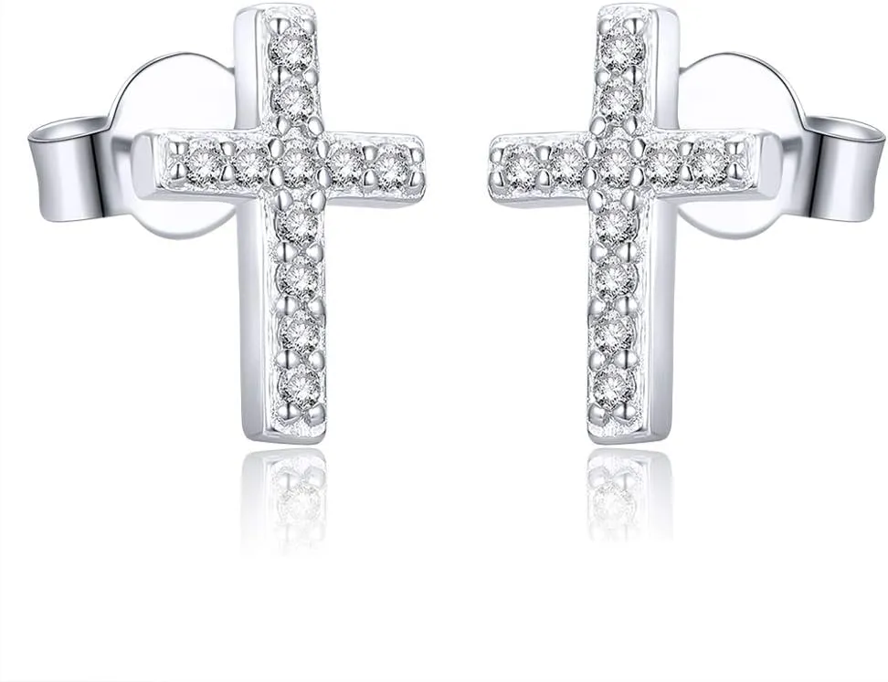 AoedeJ Cross Stud Earrings Sterling Silver Cubic Zirconia Religious Cross Earrings Stud for Women and Men