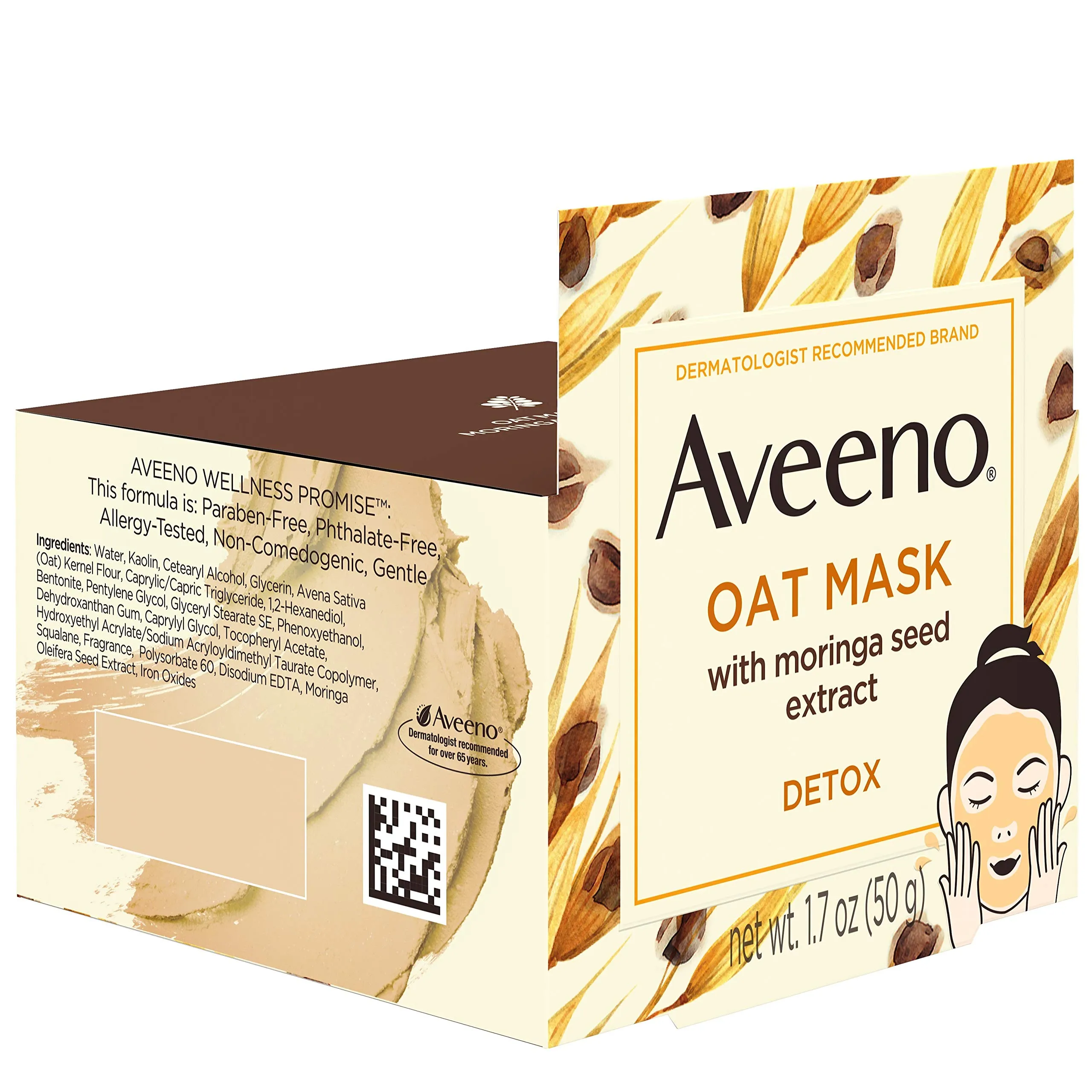 Aveeno Oat Face Mask with Detoxifying Moringa Seed Extract and Vitamin E Antioxidant, to Remove Skin Impurities, Paraben Free, Phthalate-Free, 1.7 oz