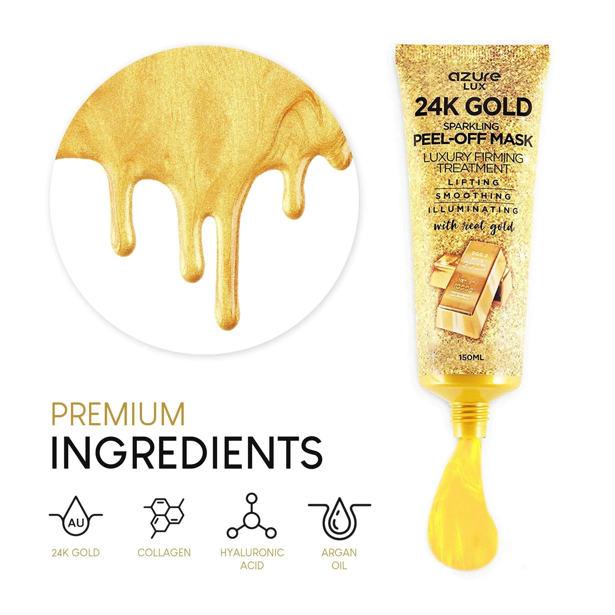 AZURE 24K Gold Luxury Firming Peel Off Mask – Lifting, Illuminating & Revitalizing | Removes Blackheads, Dirt & Oils | Reduces Wrinkles, Fine Lines & Acne Scars | Made in Korea - 150 mL