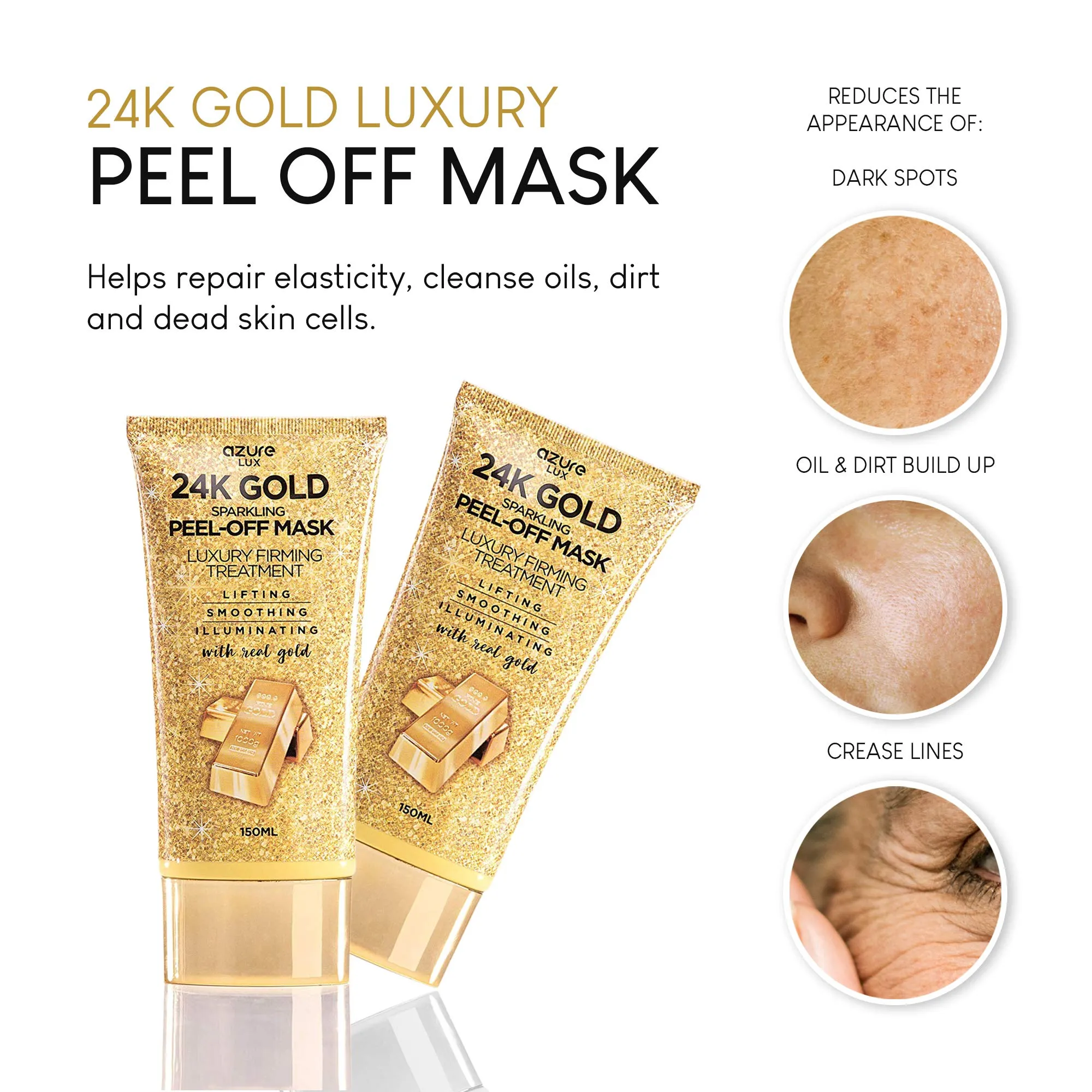 AZURE 24K Gold Luxury Firming Peel Off Mask – Lifting, Illuminating & Revitalizing | Removes Blackheads, Dirt & Oils | Reduces Wrinkles, Fine Lines & Acne Scars | Made in Korea - 150 mL