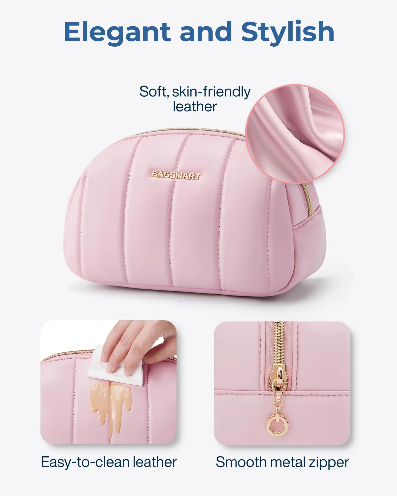 BAGSMART Small Makeup Bag PU Leather Travel Makeup Bag Organizer Makeup Pouch, Portable Cosmetic Bags for Women, Cute Make Up Bag for Travel Size Toiletries Accessories Brushes (Purple)