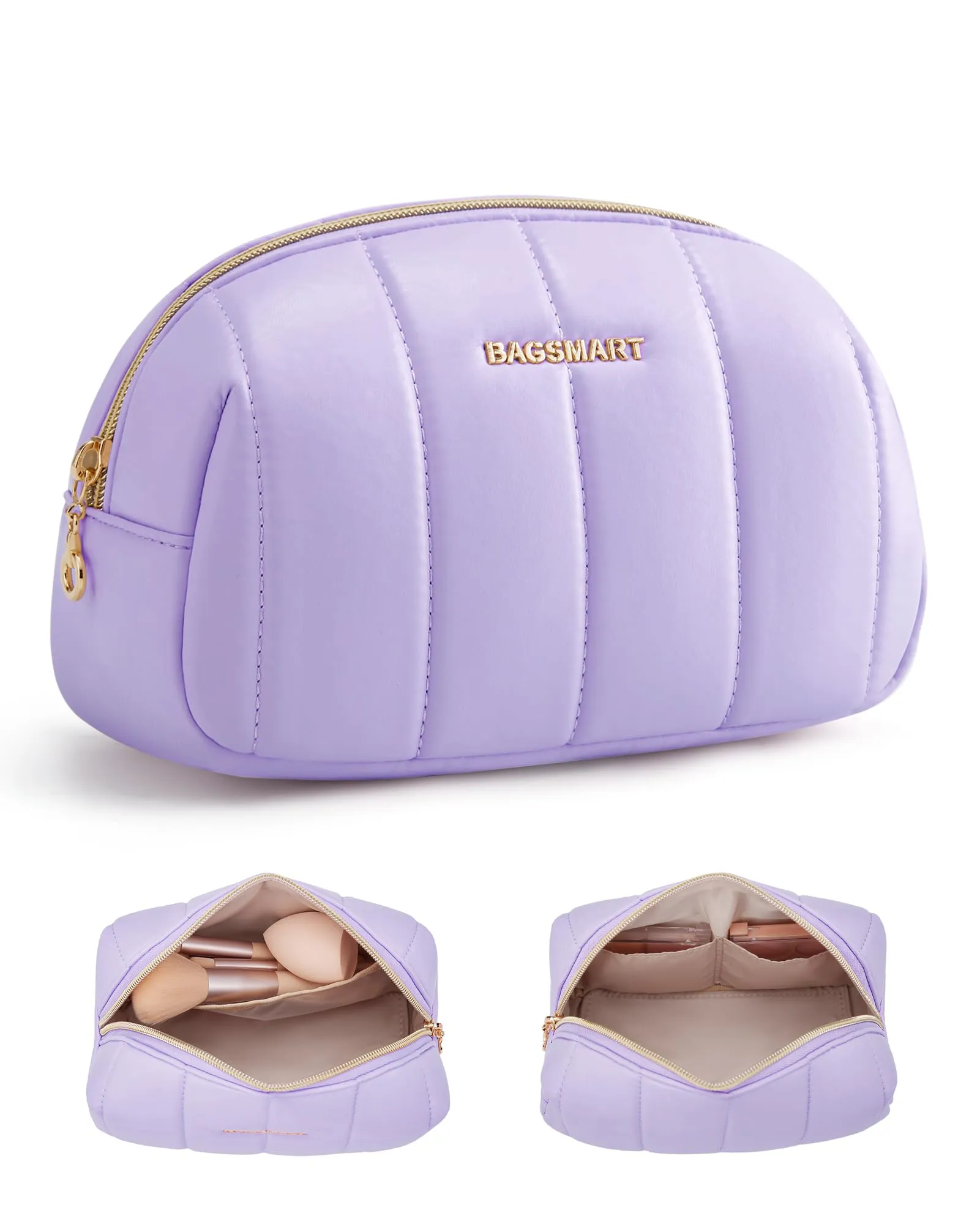 BAGSMART Small Makeup Bag PU Leather Travel Makeup Bag Organizer Makeup Pouch, Portable Cosmetic Bags for Women, Cute Make Up Bag for Travel Size Toiletries Accessories Brushes (Purple)