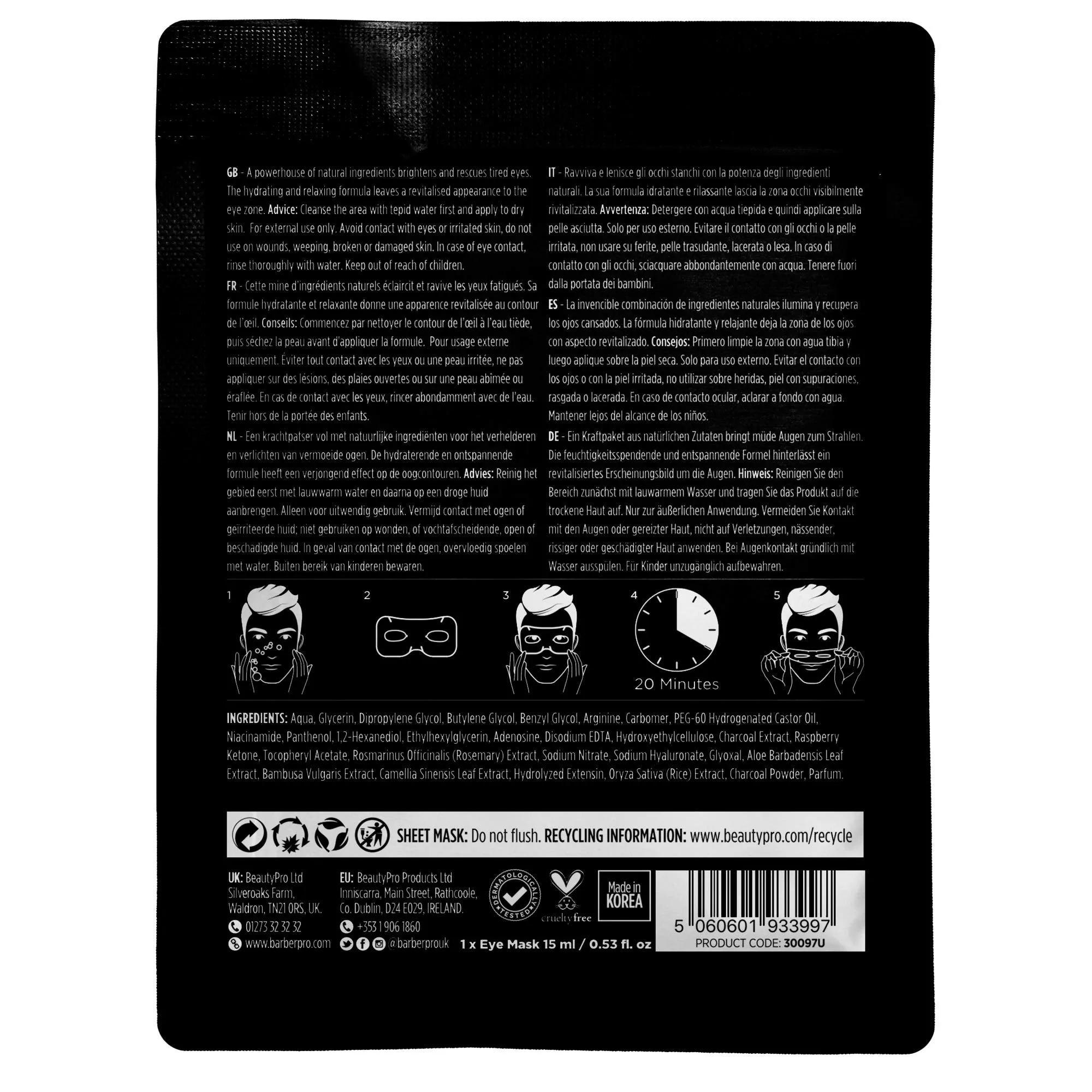 BARBER PRO Super Under Eye Mask with Charcoal & Hyaluronic Acid | 3 Applications | Hydrating, Relaxing, & Detoxifying | Under Eye Masks | Eye Masks for Puffy Eyes |