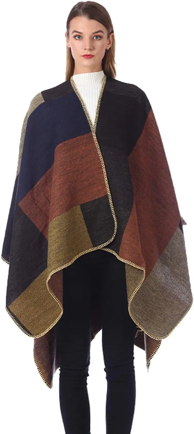Bestshe Women's Boho Open Front Poncho Knitted Plaid Shawl Wrap Cape Tassel Cardigan Sweater