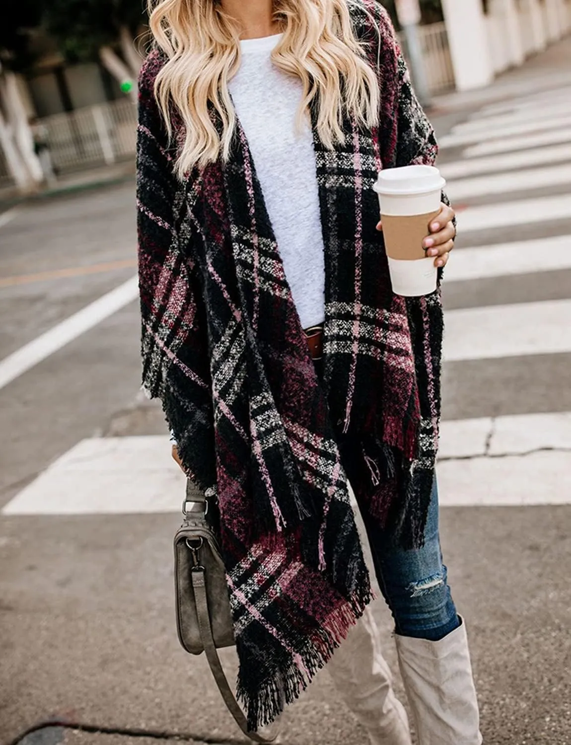Bestshe Women's Boho Open Front Poncho Knitted Plaid Shawl Wrap Cape Tassel Cardigan Sweater