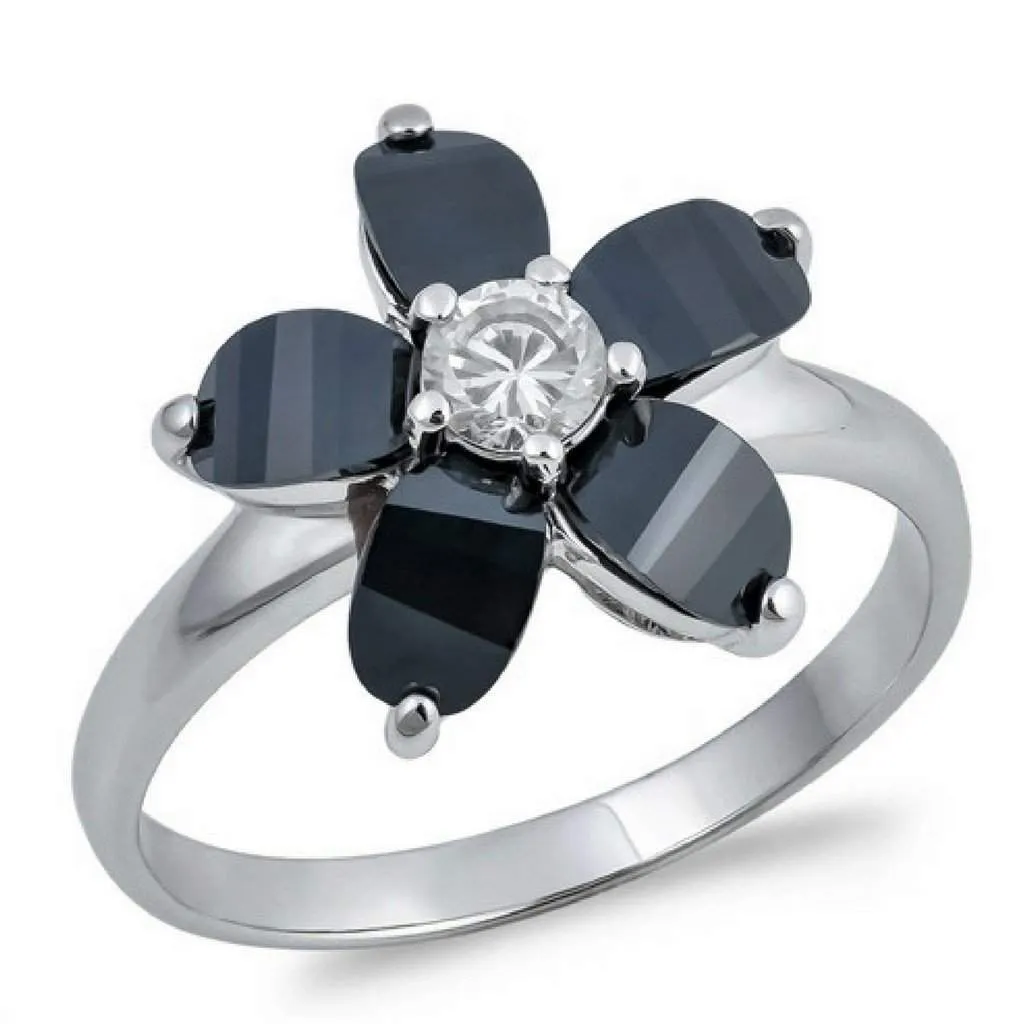 Black and Clear CZ Plumeria Flower Ring