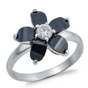 Black and Clear CZ Plumeria Flower Ring