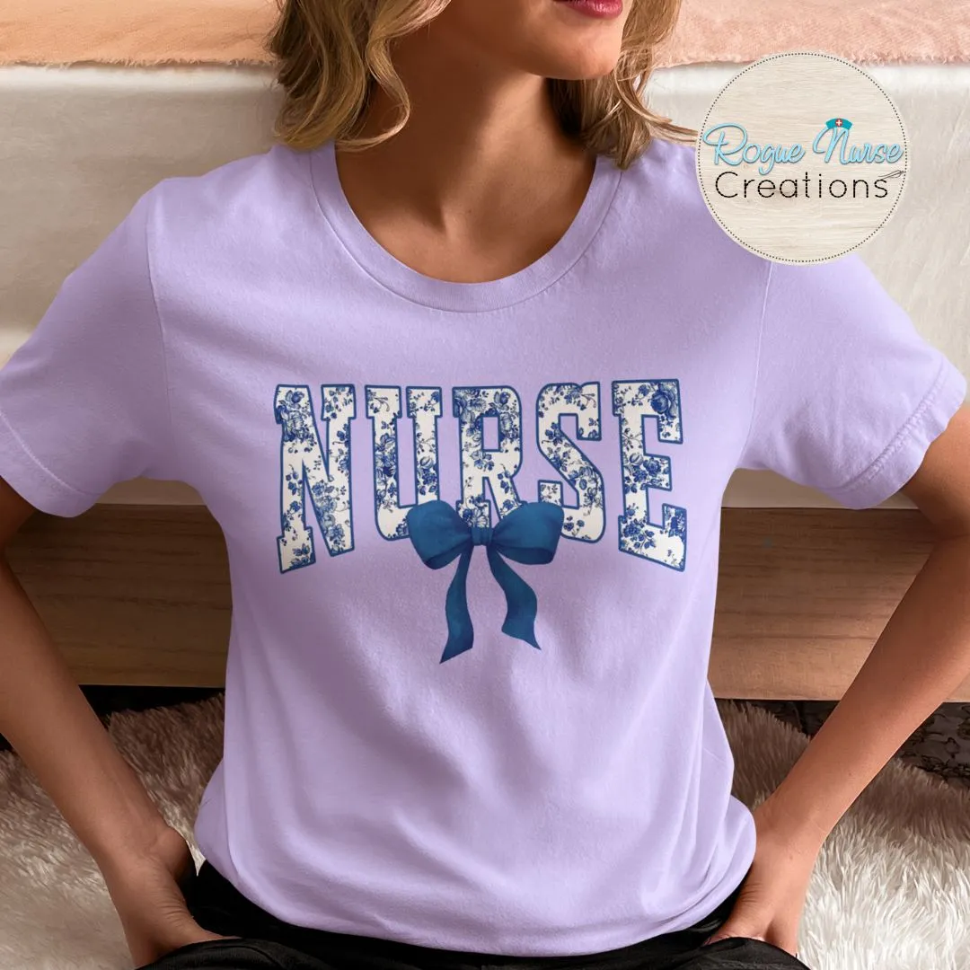 Blue Floral Nurse With Blue Bow Graphic T-shirt, Cute Floral Nurse Shirt, Nurse Gift, flowers and Bow Nurse T-shirt. Pretty Bow Nurse Shirt