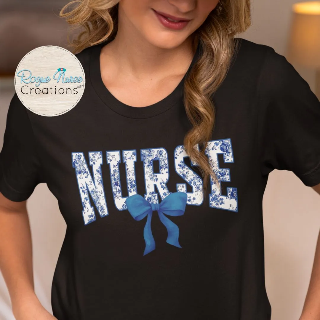 Blue Floral Nurse With Blue Bow Graphic T-shirt, Cute Floral Nurse Shirt, Nurse Gift, flowers and Bow Nurse T-shirt. Pretty Bow Nurse Shirt