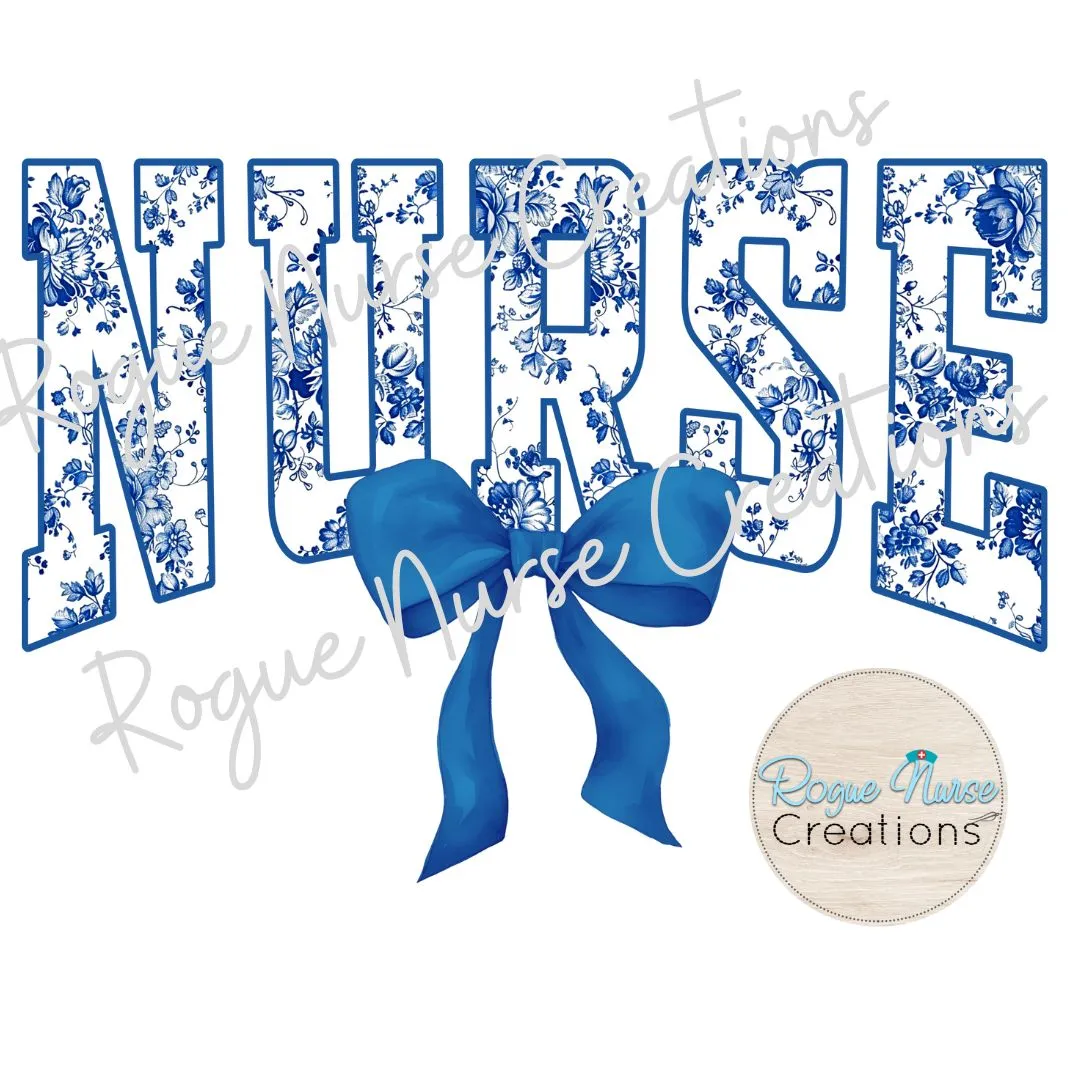 Blue Floral Nurse With Blue Bow Graphic T-shirt, Cute Floral Nurse Shirt, Nurse Gift, flowers and Bow Nurse T-shirt. Pretty Bow Nurse Shirt