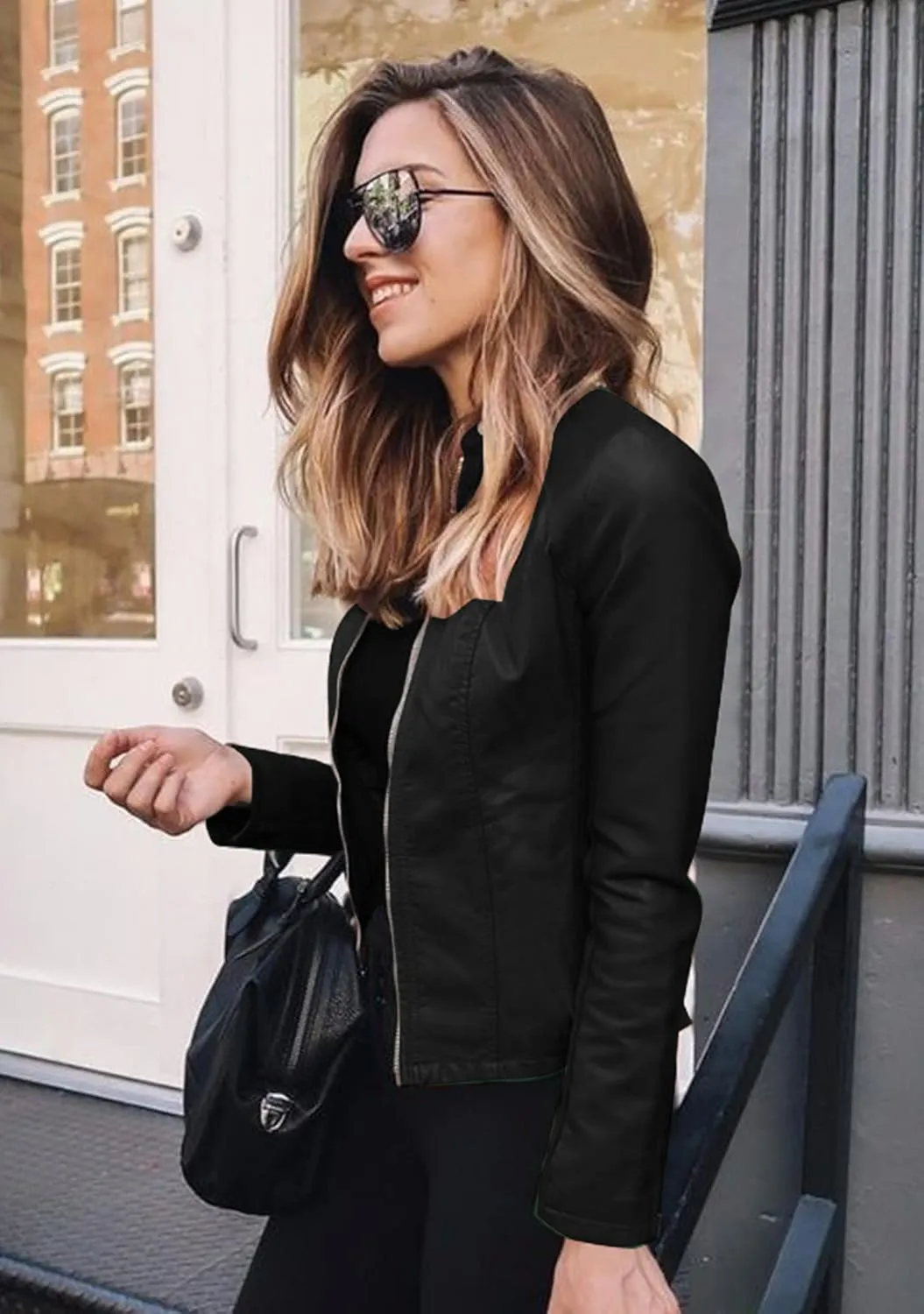 BOFETA Womens Faux Leather Long Sleeve Jackets Quilted Moto Outwear Slim Lapel Coats
