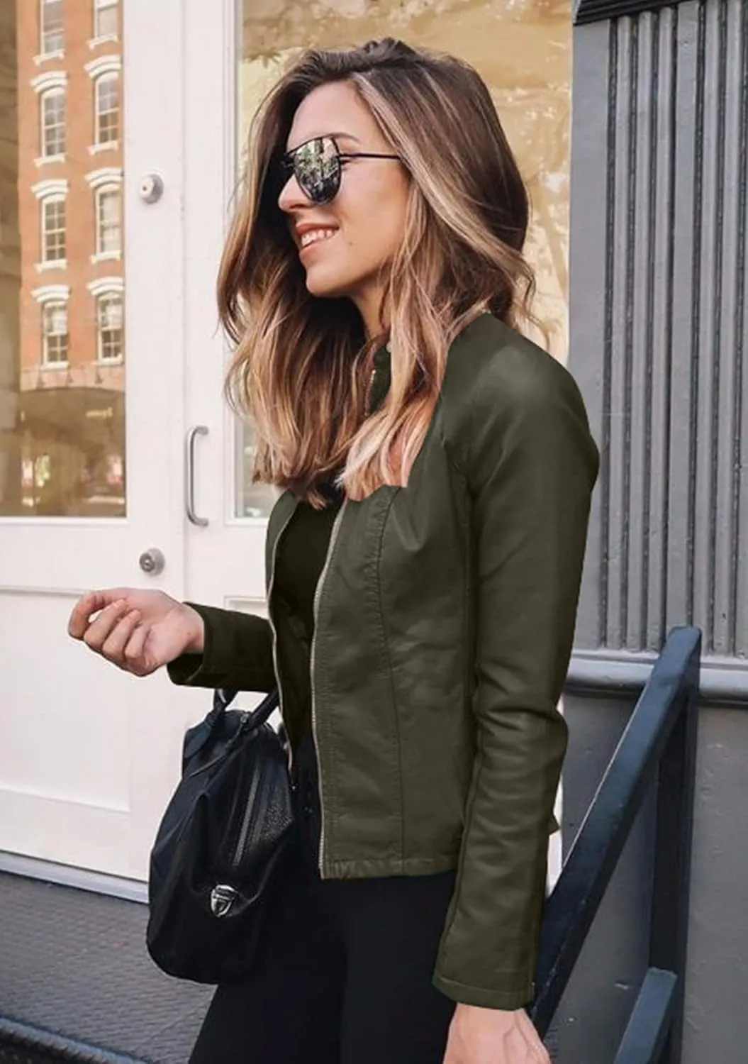 BOFETA Womens Faux Leather Long Sleeve Jackets Quilted Moto Outwear Slim Lapel Coats