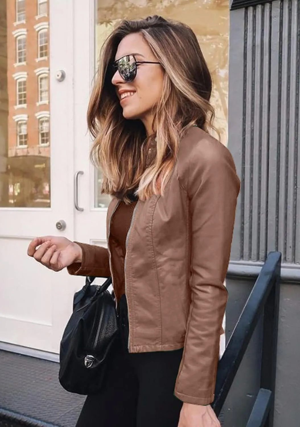 BOFETA Womens Faux Leather Long Sleeve Jackets Quilted Moto Outwear Slim Lapel Coats