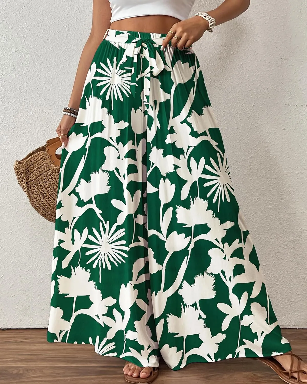 Bsubseach Wide Leg Pants Woman Flowy Floral Palazzo Pants for Women High Waisted Summer Casual Trousers Cruise Outfits