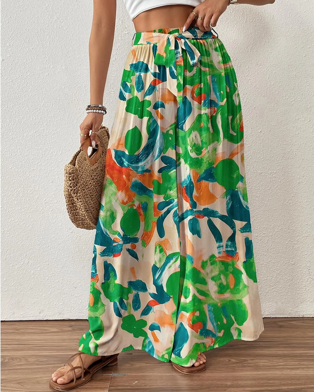 Bsubseach Wide Leg Pants Woman Flowy Floral Palazzo Pants for Women High Waisted Summer Casual Trousers Cruise Outfits
