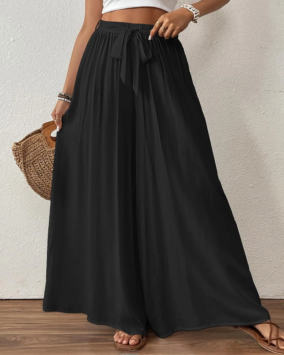 Bsubseach Wide Leg Pants Woman Flowy Floral Palazzo Pants for Women High Waisted Summer Casual Trousers Cruise Outfits