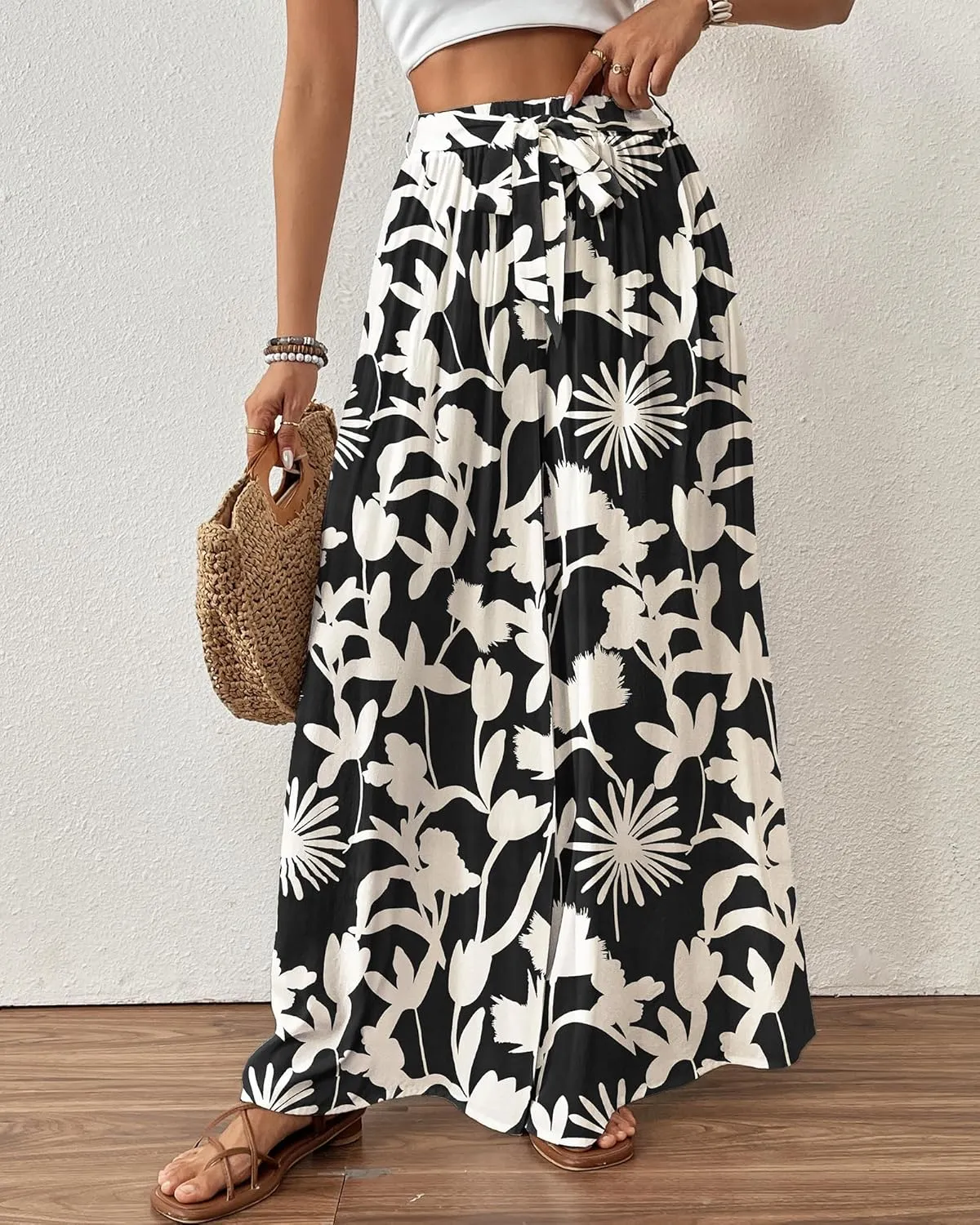 Bsubseach Wide Leg Pants Woman Flowy Floral Palazzo Pants for Women High Waisted Summer Casual Trousers Cruise Outfits
