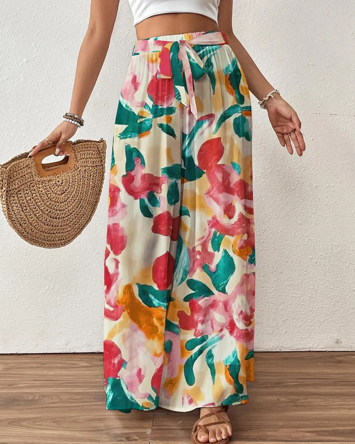 Bsubseach Wide Leg Pants Woman Flowy Floral Palazzo Pants for Women High Waisted Summer Casual Trousers Cruise Outfits