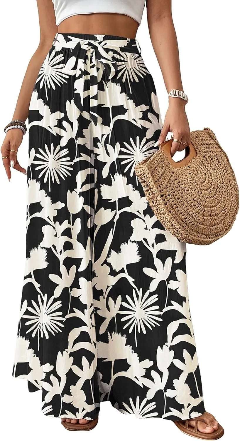Bsubseach Wide Leg Pants Woman Flowy Floral Palazzo Pants for Women High Waisted Summer Casual Trousers Cruise Outfits