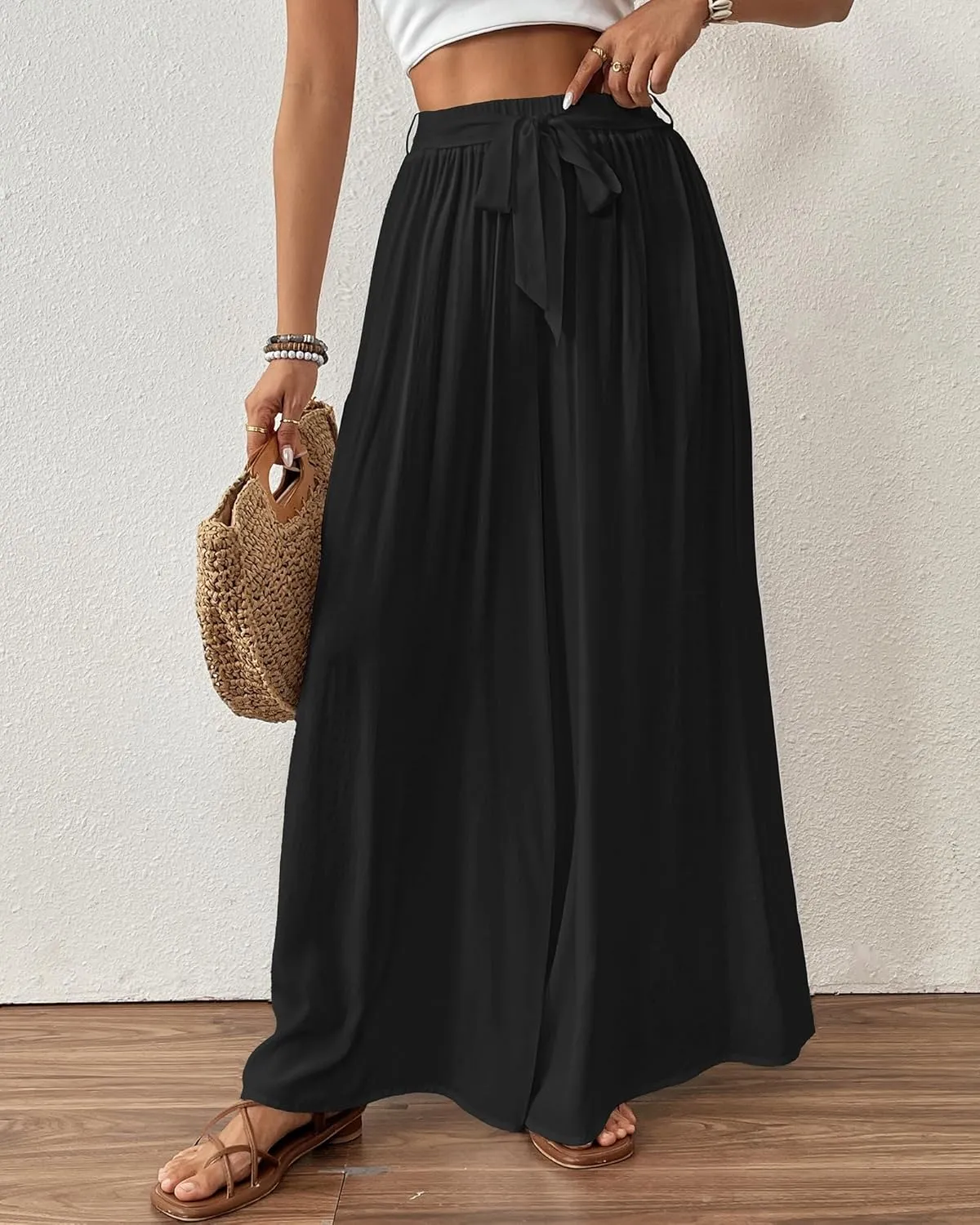 Bsubseach Wide Leg Pants Woman Flowy Floral Palazzo Pants for Women High Waisted Summer Casual Trousers Cruise Outfits