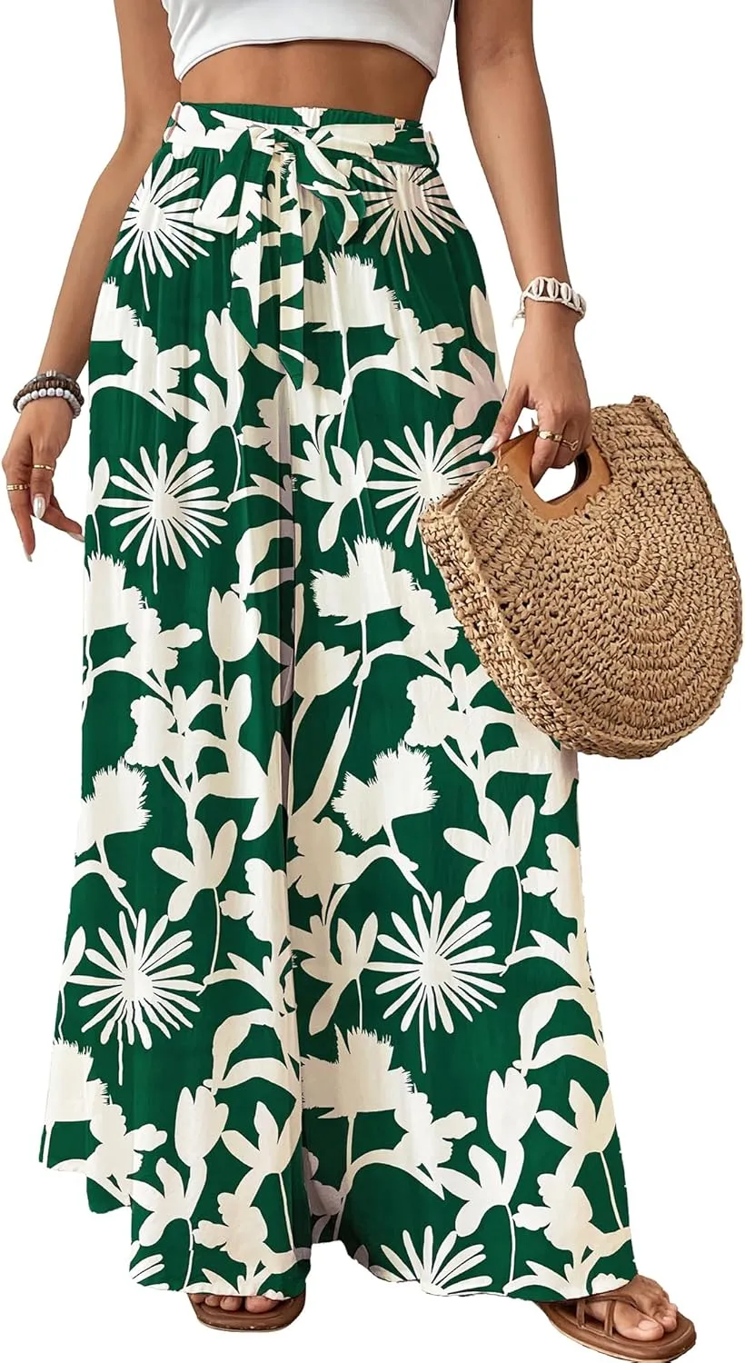 Bsubseach Wide Leg Pants Woman Flowy Floral Palazzo Pants for Women High Waisted Summer Casual Trousers Cruise Outfits